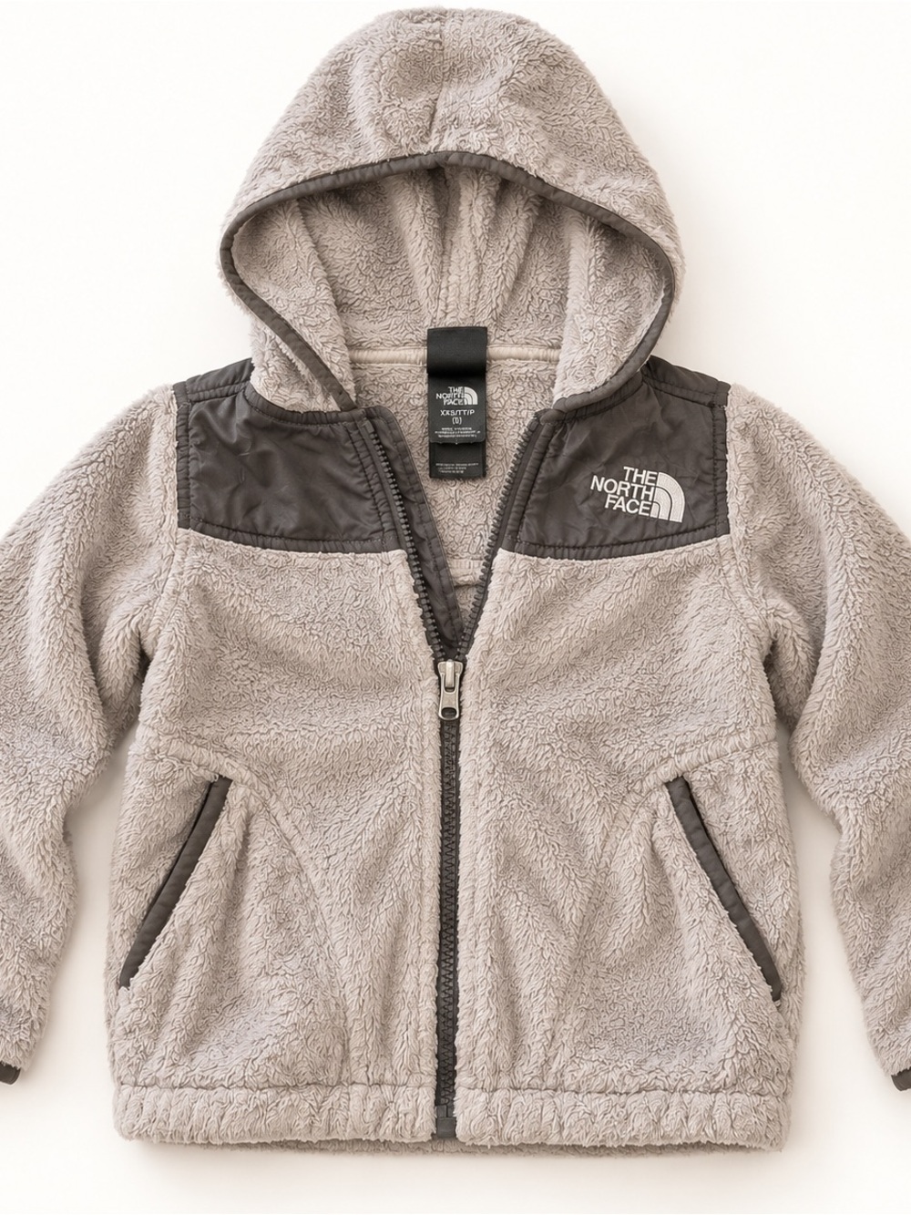 The North Face Kids Hooded Sherpa Jacket in Light Gray with Dark Gray Panels